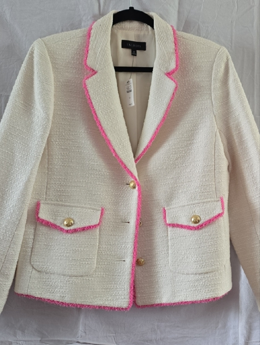 Talbots Cream Bouclé Blazer with Pink Trim